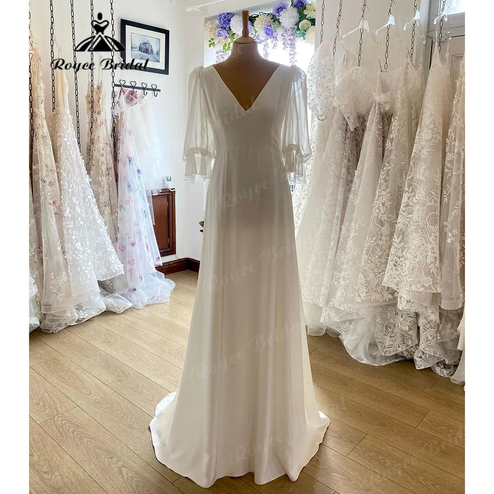 Simple Soft Satin V Neck Boho Wedding Dress with Puff Short Sleeve Beach Bridal Reception Gown for Women robe de mariee