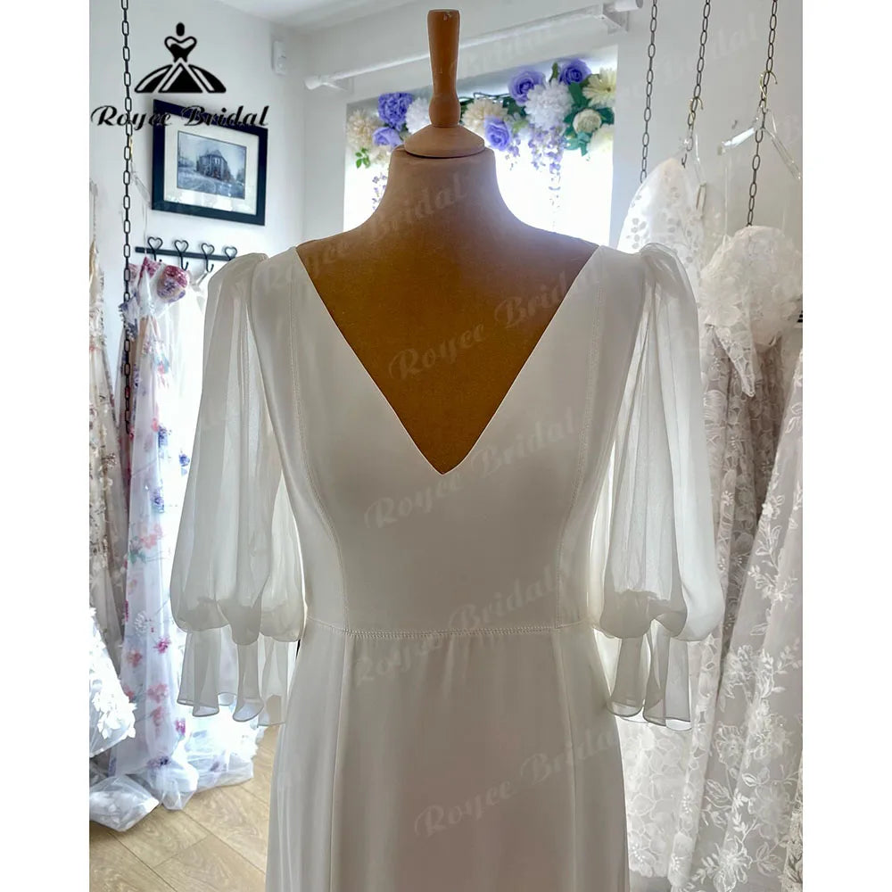 Simple Soft Satin V Neck Boho Wedding Dress with Puff Short Sleeve Beach Bridal Reception Gown for Women robe de mariee