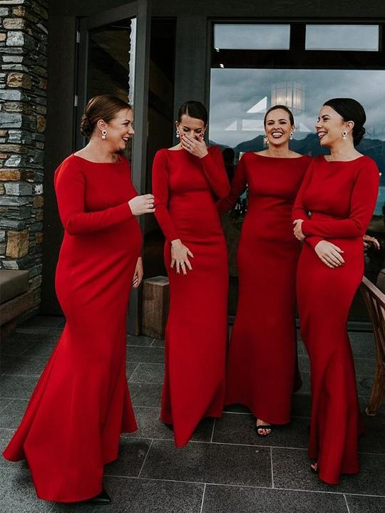Roycebridal Einfaches Meerjungfrau-Brautjungfernkleid in Rot mit langen Ärmeln