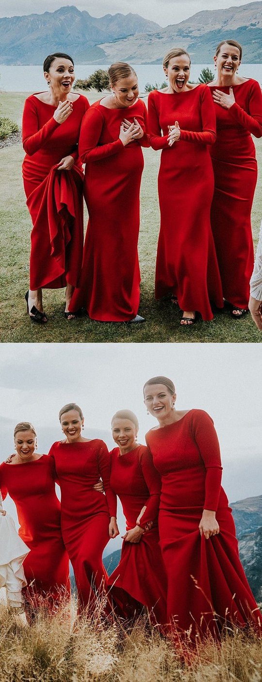 Roycebridal Einfaches Meerjungfrau-Brautjungfernkleid in Rot mit langen Ärmeln