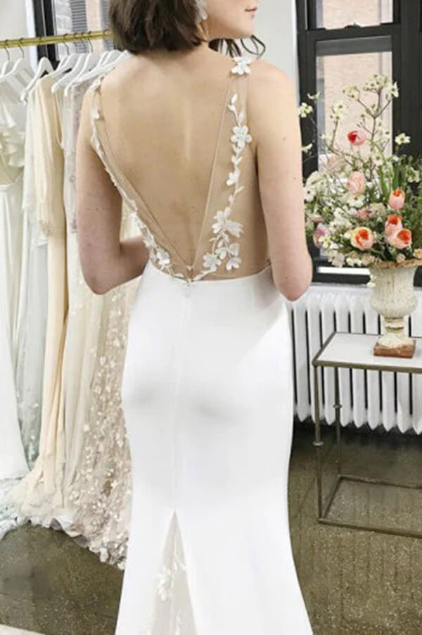 Simple Satin Sheath Deep V-neck Wedding Dresses With Lace Appliques, MW746 | lace wedding dresses | wedding dresses near me | wedding dresses stores | bridal gowns | www.musebridals.com