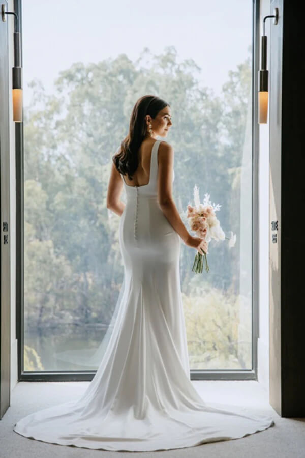 Simple Satin Sheath Square Neck Backless Wedding Dress With Sweep Train, MW755 | simple wedding dresses | cheap wedding dresses online | plus size wedding dresses | musebridals.com