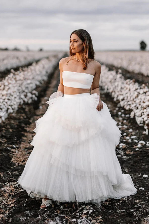 Simple Two Piece Wedding Dress With Layered Tulle Skirt, Bridal Gown, MW1005 | vintage wedding dress | wedding dresses online | bohemian wedding dress | musebridals.com