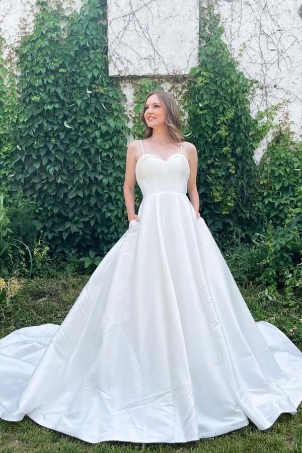 Simple White A-line Satin Spaghetti Straps Sweetheart Neck Wedding Dresses, MW757 | cheap wedding dresses | bridal gowns | outdoor wedding dresses | musebridals.com