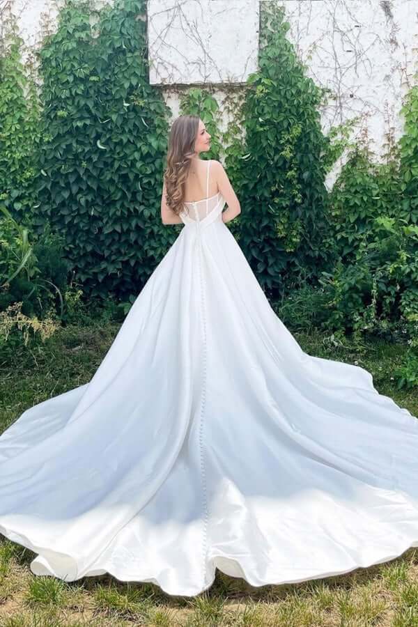 Simple White A-line Satin Spaghetti Straps Sweetheart Neck Wedding Dresses, MW757 | satin wedding dresses | vintage wedding dresses | wedding gown | musebridals.com