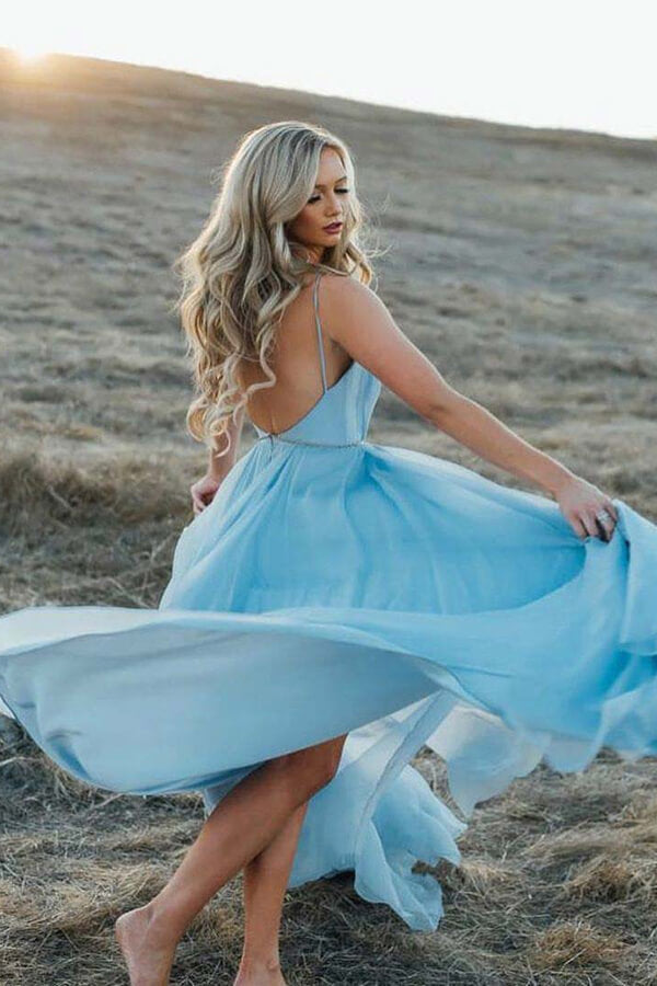 Sky Blue Rustic Thigh Split Beach Wedding Gown with Court Train,MW281 | blue wedding dresses | chiffon wedding dresses | beach wedding dresses | musebridals.com