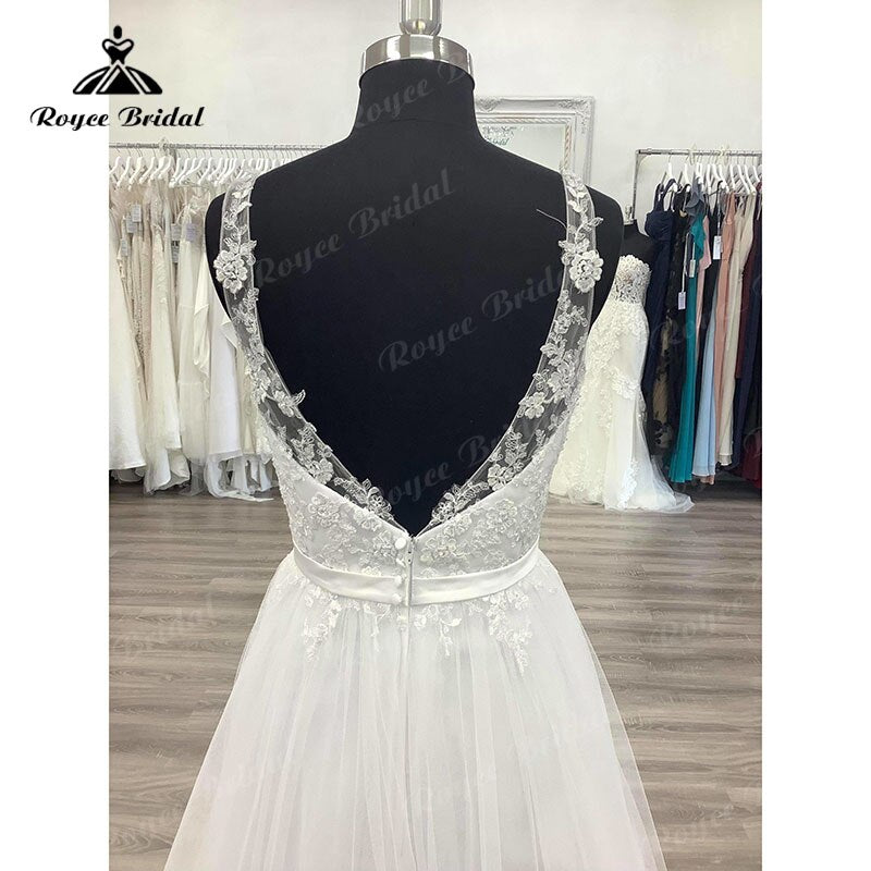 Robe de mariée princesse grande taille, sans manches, coupe trapèze, dos nu, en tulle, longue et élégante, style bohème, col en V, avec appliques en dentelle, 2025