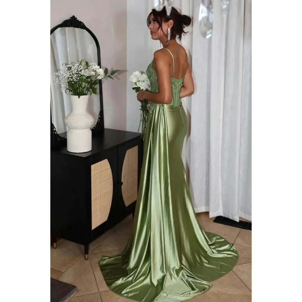 Mermaid Side Slits Spaghetti Straps Corset Prom Dress With Appliques