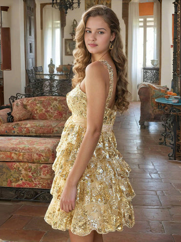 Robe de soirée courte en dentelle dorée scintillante avec appliques