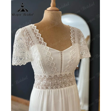 Robe de mariée bohème en mousseline de soie, manches courtes, corsage en dentelle, pour femme, tenue de plage d'été