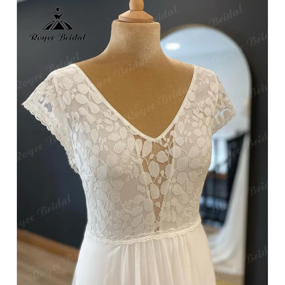 Summer Chic Lace Bodice Chiffon Boho Beach Cap Sleeve Wedding Dress with V Neck Bridal Gown abito da sposa Civil Elegant