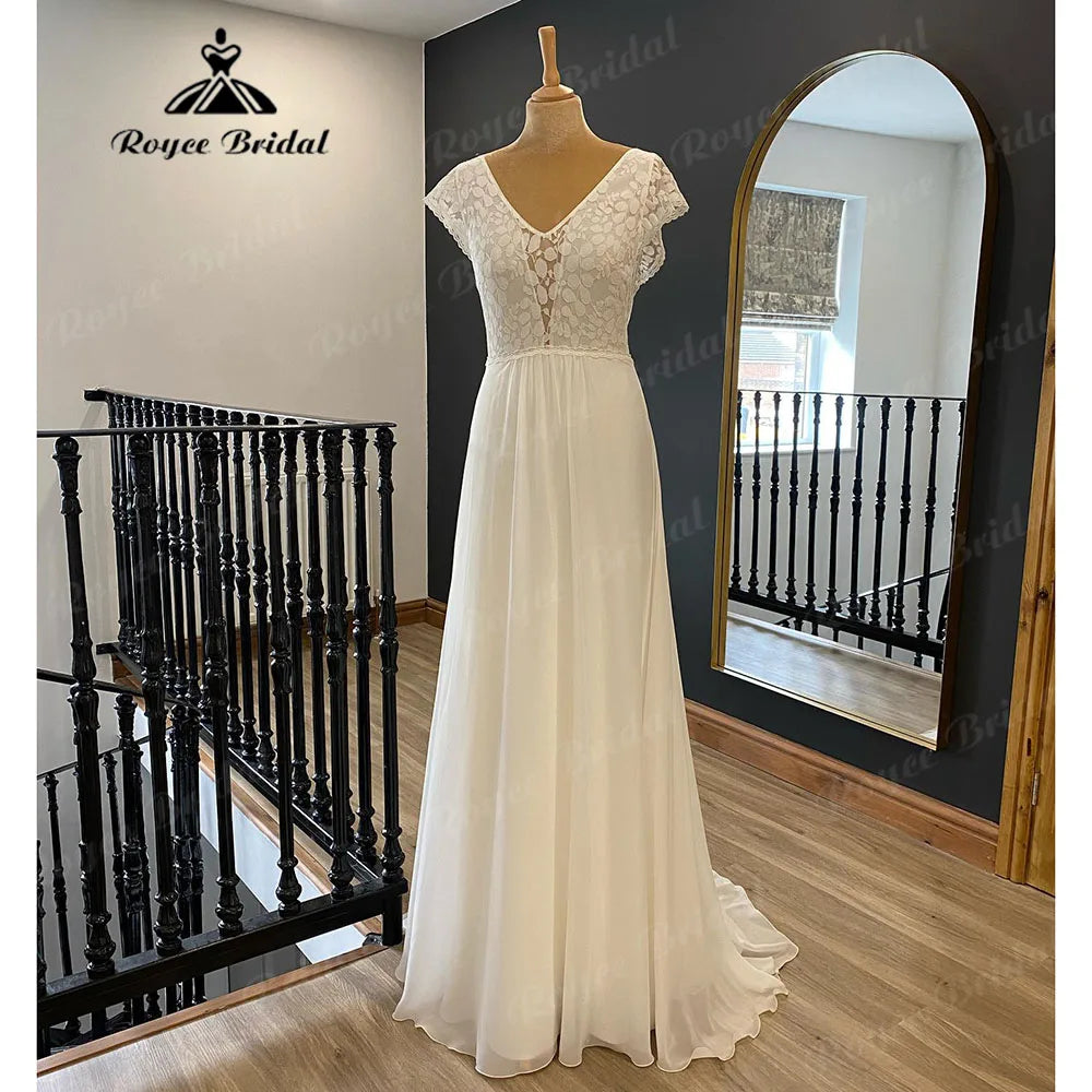 Summer Chic Lace Bodice Chiffon Boho Beach Cap Sleeve Wedding Dress with V Neck Bridal Gown abito da sposa Civil Elegant
