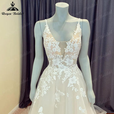 Roycebridal Sommer Robe Zivil Spitze Boho Hochzeit Kleid mit V-Ausschnitt Spaghetti-Trägern Brautkleid Nach Maß vestido de novia Roycebridal
