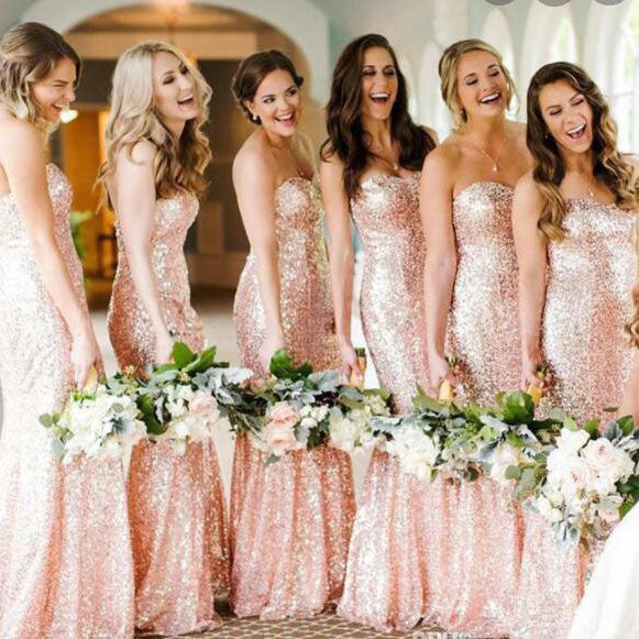 Pailletten Rose Gold Brautjungfernkleider Meerjungfrau Hochzeitsgastkleid