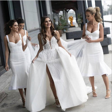 Roycebridal Weiße kurze Brautjungfernkleider Meerjungfrau Sweetheart Spaghettiträger