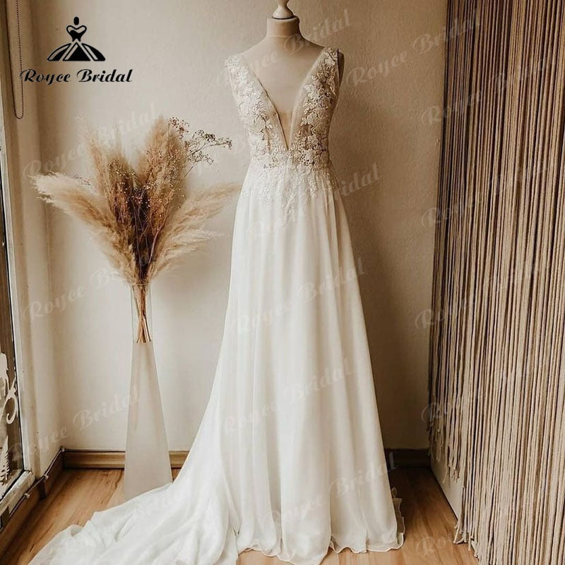 Robe de mariée grande taille en dentelle, sans manches, décolleté en V profond, en mousseline de soie, ligne A, style bohème, 2025, robe de mariée sexy, blanc cassé