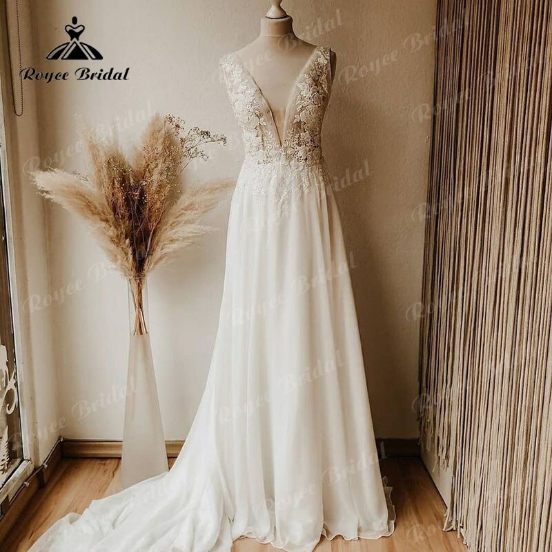 Robe de mariée grande taille en dentelle, sans manches, décolleté en V profond, en mousseline de soie, ligne A, style bohème, 2025, robe de mariée sexy, blanc cassé