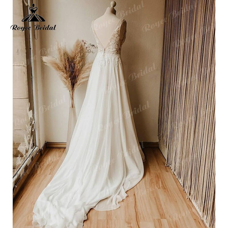 Robe de mariée grande taille en dentelle, sans manches, décolleté en V profond, en mousseline de soie, ligne A, style bohème, 2025, robe de mariée sexy, blanc cassé