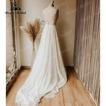 Plus SizeTank Lace Appliquess Sleeveless Deep V Neck Chiffon Beach A Line Wedding Dress Boho 2025 Vestido Novia Sexy Women Off White
