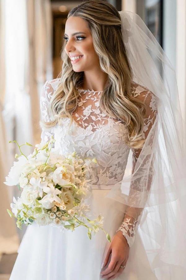 Tulle A-line Illusion Floral Lace Long Sleeves Wedding Dresses, Bridal Gown, MW937 | beach wedding dresses | summer wedding dresses | bohemian wedding dress | musebridals.com