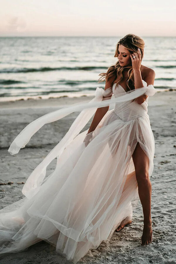 Tulle A-line Off-the-Shoulder Beach Wedding Dresses With Side Slit, MW889 | summer wedding dresses | outdoor wedding dress | a line wedding gown | musebridals.com