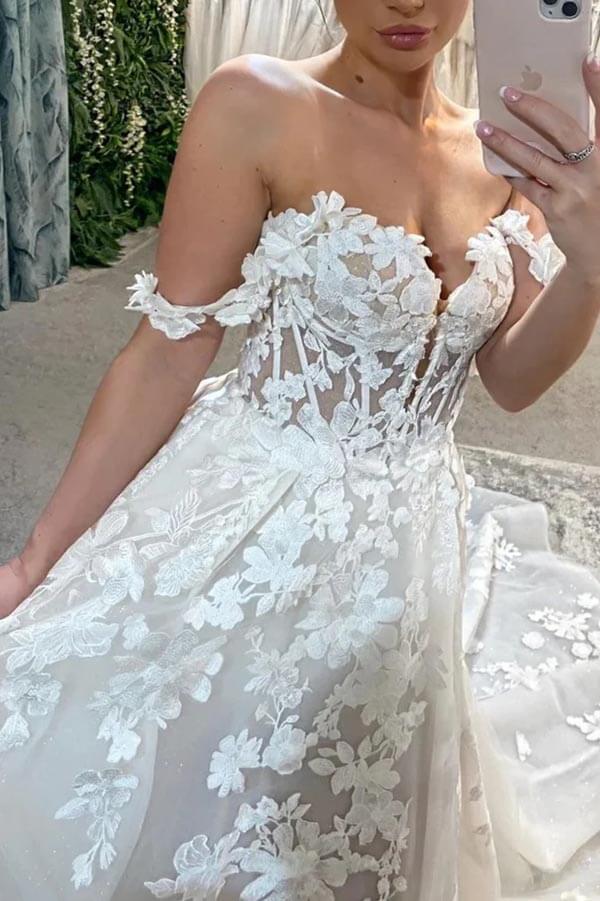 Tulle A-line Sweetheart Off Shoulder Wedding Dress With Lace Appliques, MW1007 | strapless wedding dress | wedding dresses online | affordable wedding dress | musebridals.com