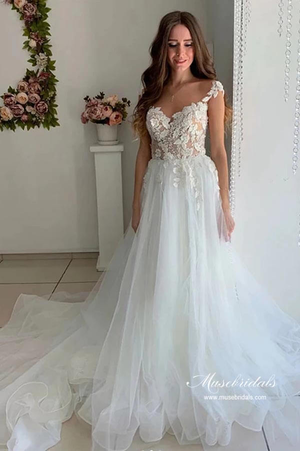 Tulle A-line V-neck Cap Sleeves Wedding Dresses With Lace Appliques, MW945 | lace wedding gown | wedding dresses online | bridal outfit | musebridals.com