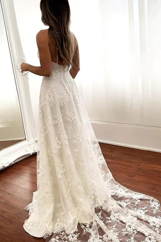 Tulle A-line V-neck Open Back Spaghetti Straps Wedding Dresses With Slit, MW886 | summer wedding dresses | bridal gown | cheap wedding dresses online | musebridals.com