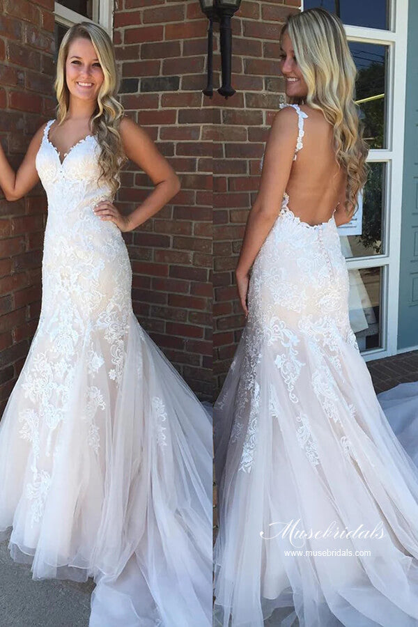Robe de mariée sirène en tulle, décolleté en V, dos nu, avec appliques en dentelle et traîne, Roycebridal, MW994
