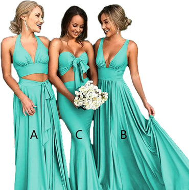 Robe de demoiselle d'honneur turquoise en mousseline de soie, longue et dépareillée