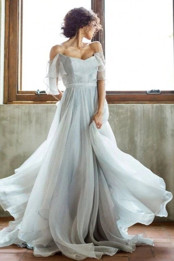 Unique Grey Chiffon A-line Off Shoulder Wedding Dress, Wedding Gown, MW712 | wedding gowns | bridal outfit | wedding guest dresses | cheap long wedding dresses | www.musebridals.com