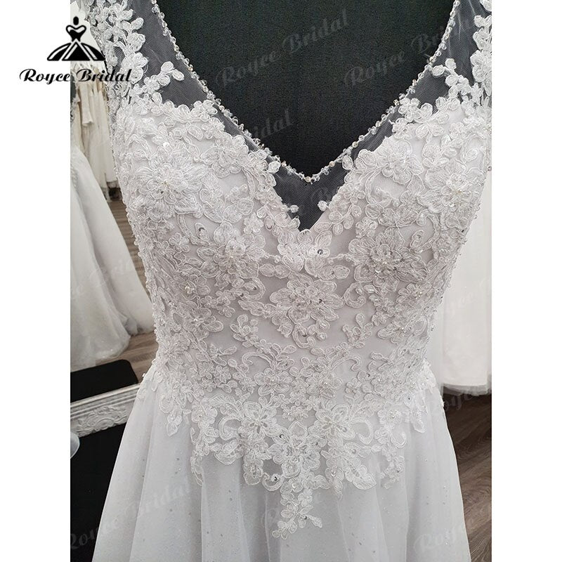 Robe de mariée grande taille, col en V, manches courtes, dentelle, perles, longueur au sol, dos nu, élégante, robe de mariée civile, sur mesure, 2025