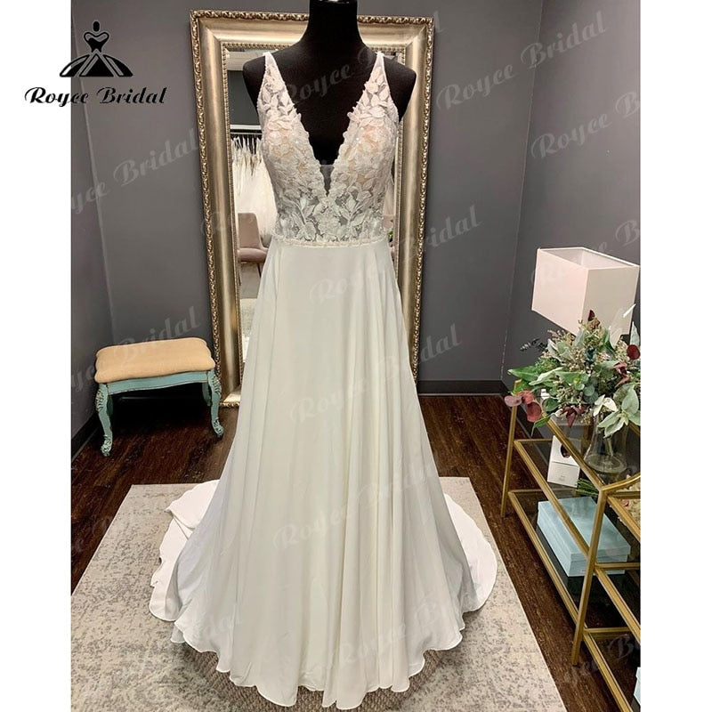 Plus SizeV Neck Lace Appliques Open Back Sleeveless A Line Boho Wedding Dress 2025 Vestidos Civil Bridal Gown Custom Made Elegant 2025