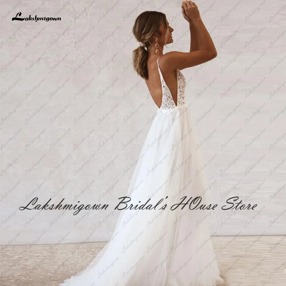 Roycebridal Vestido Boho Bridal Wedding Dress Summer Beach Backless Sexy Mariage Tulle Receipt Party Gowns Lace Spaghetti Straps