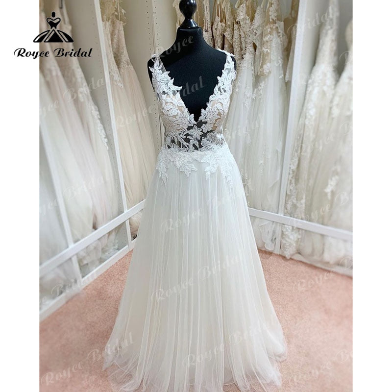 Roycebridal robe De Noiva une ligne robe de mariée dos ouvert col en V dentelle Applique plage fête robe de mariée vestido de novia sin espalda 2025