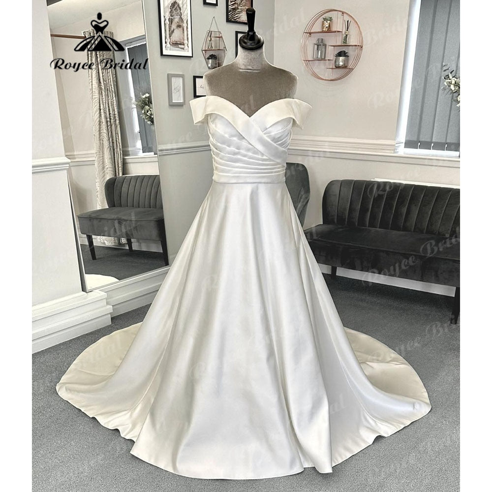 Roycebridal Vestido Novia Pleats Off Shoulder Soft Satin Wedding Dress with Cap Sleeve Bridal Gwon for Women robe mariage femme Elegant