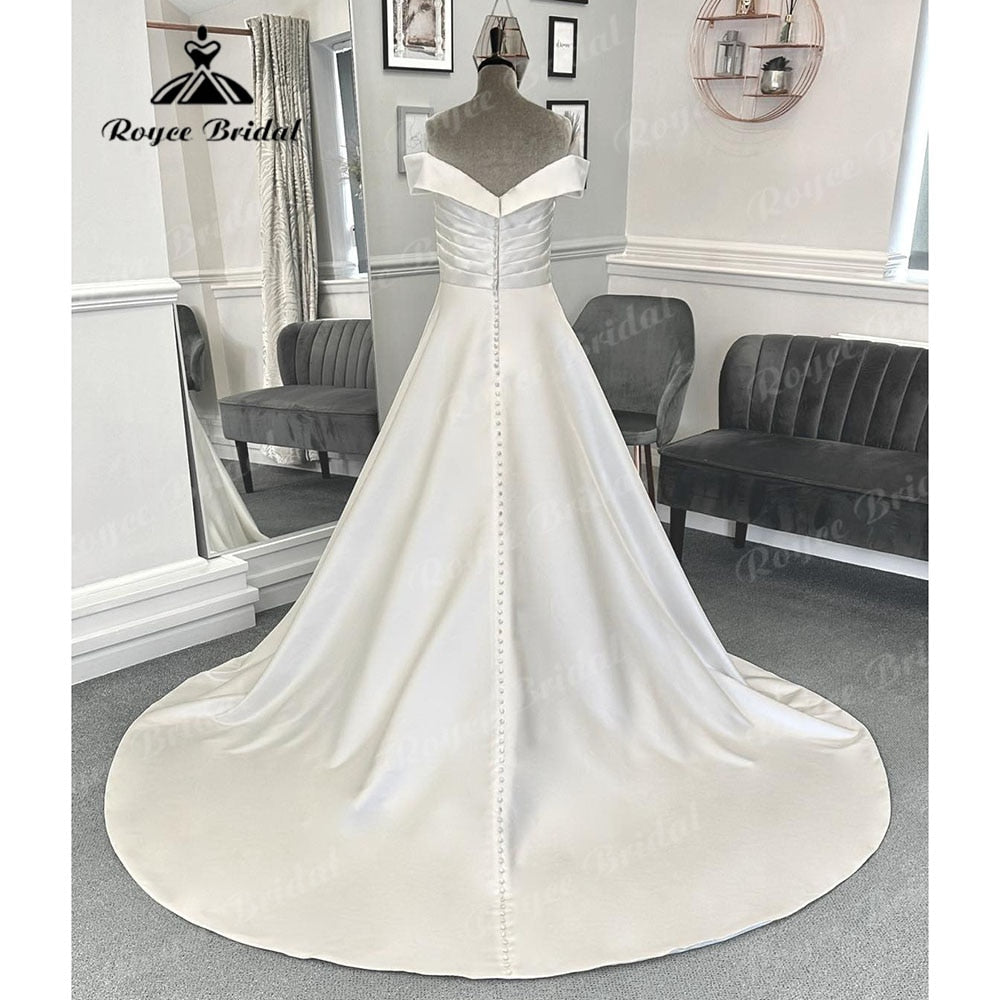 Roycebridal Vestido Novia Pleats Off Shoulder Soft Satin Wedding Dress with Cap Sleeve Bridal Gwon for Women robe mariage femme Elegant