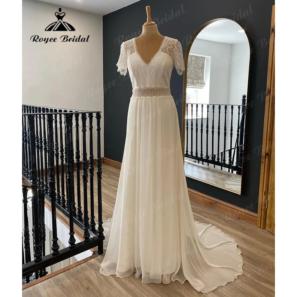 Vestido Novia Summer Bohemian Lace Chiffon Boho V Neck Wedding Gown for Women Robe Chic Wedding Dress with Short Sleeve