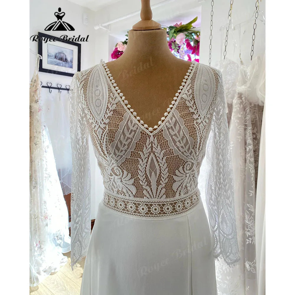 Vestido Novia V Neck Lace Bodice Boho Bohemian Beach Split Side Wedding Gown for Bride Wedding Dress for Women Roycebridal