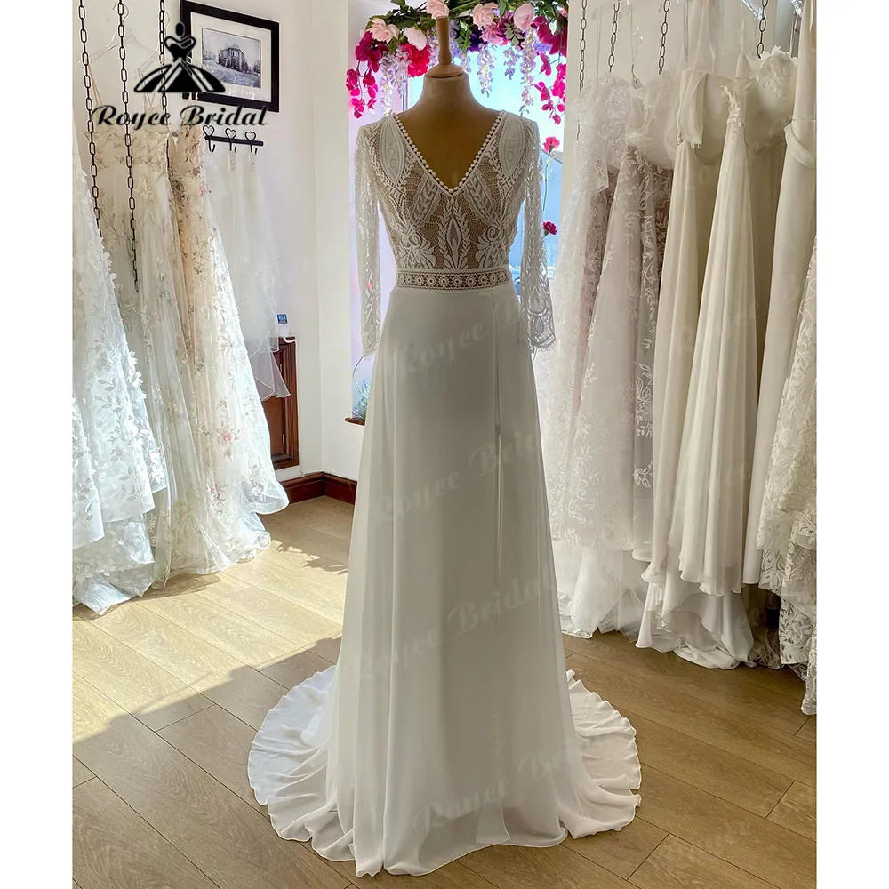 Vestido Novia V Neck Lace Bodice Boho Bohemian Beach Split Side Wedding Gown for Bride Wedding Dress for Women Roycebridal