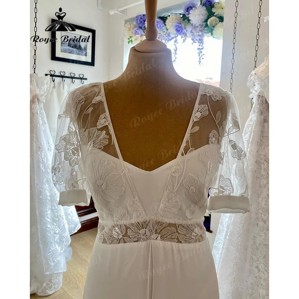 Vestidos Boheme Lace Boho Beach V Neck Chiffon Wedding Dress with Puff Short Sleeve Summer Bridal Gown robes de mariée Sexy