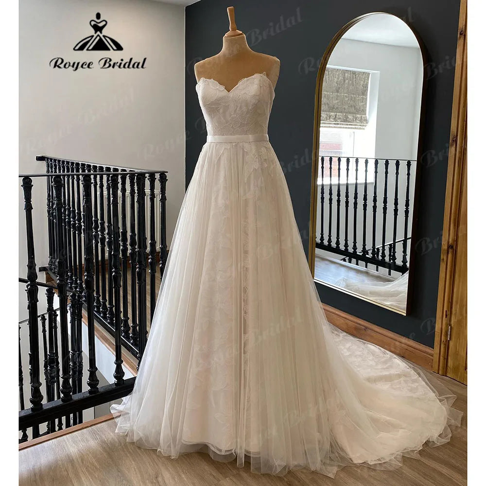 Vestidos Country Off Shoulder Lace Floral Women Wedding Gown A Line Bridal Dress Custom Made Robe De Mariée Roycebridal