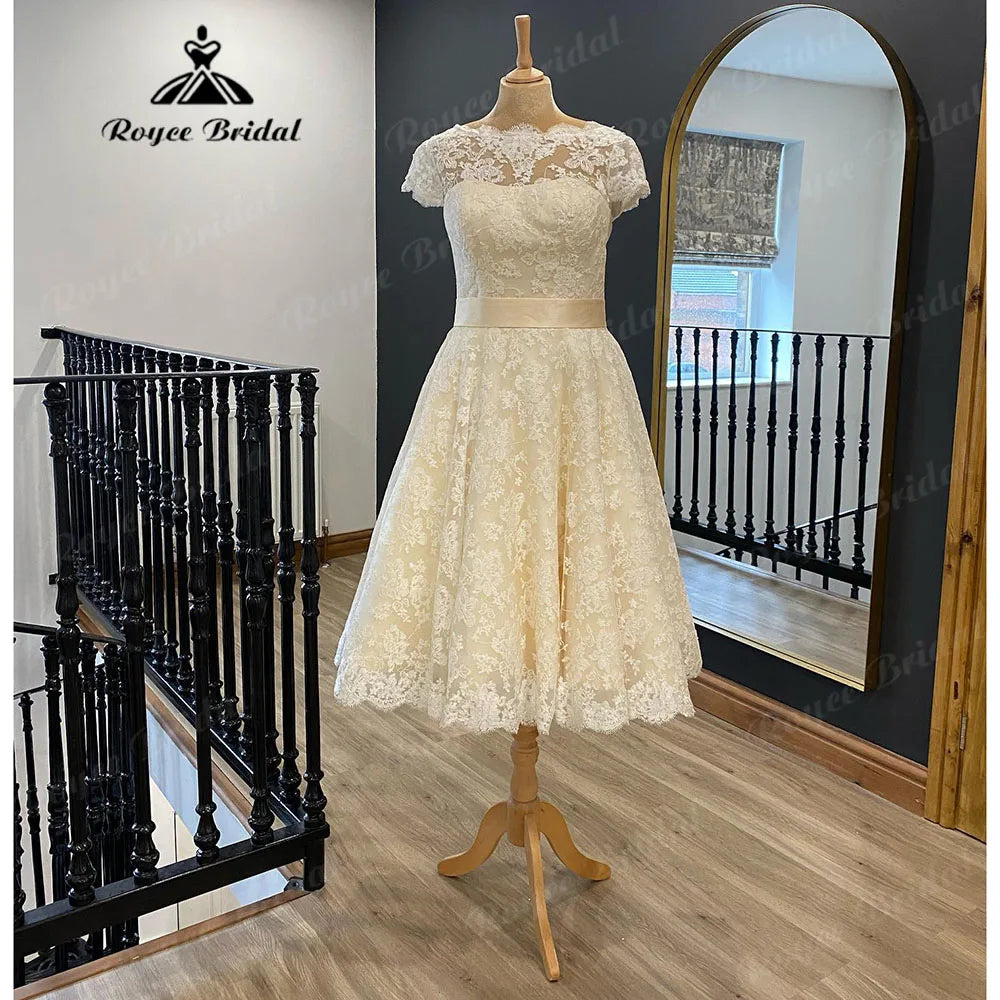 Vestidos Full Lace Short Knee-Length Wedding Dress for Women Short Sleeve Bridal Gown vestido de novia corto Roycebridal