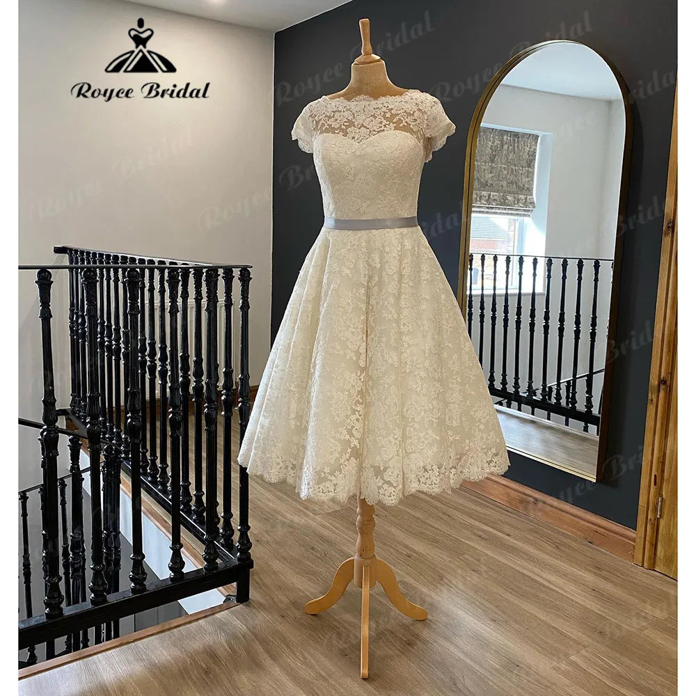 Vestidos Full Lace Short Knee-Length Wedding Dress for Women Short Sleeve Bridal Gown vestido de novia corto Roycebridal