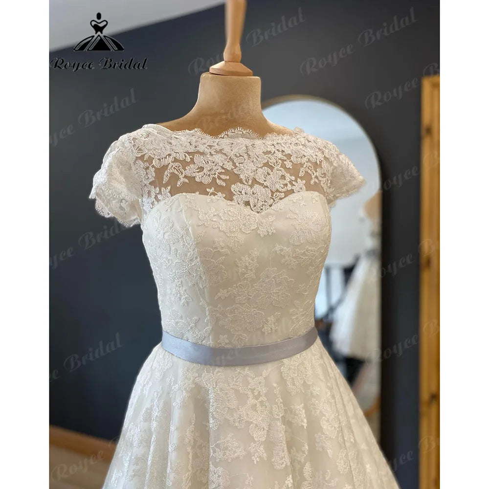 Vestidos Full Lace Short Knee-Length Wedding Dress for Women Short Sleeve Bridal Gown vestido de novia corto Roycebridal