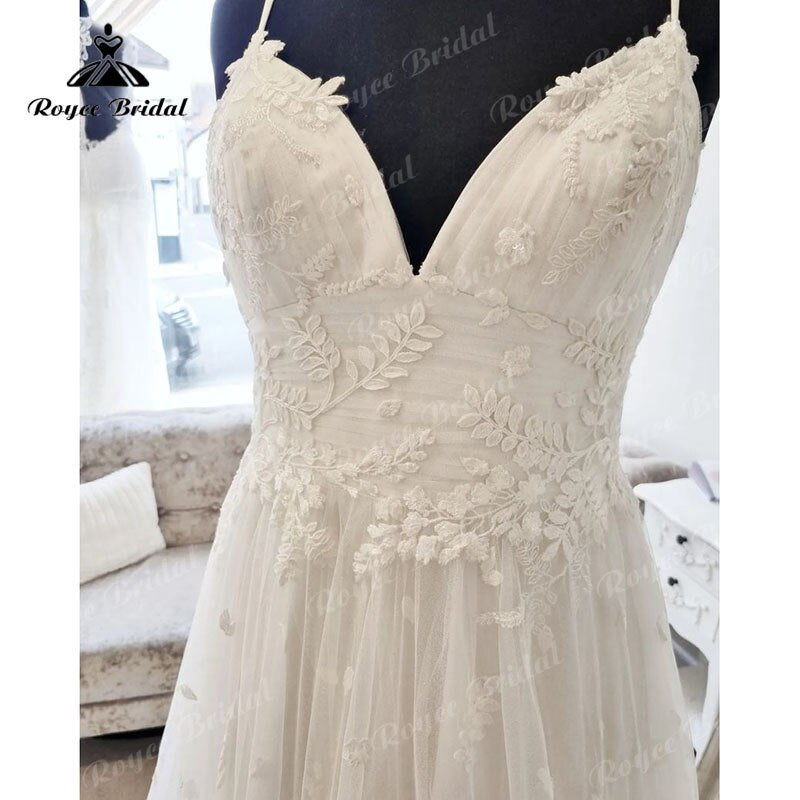 Roycebridal Vestidos Spaghetti Straps A Line Boho Wedding Dress with V Neck Lace Appliques Beach 2025 Vintage Civil Wedding Gowns Open Back