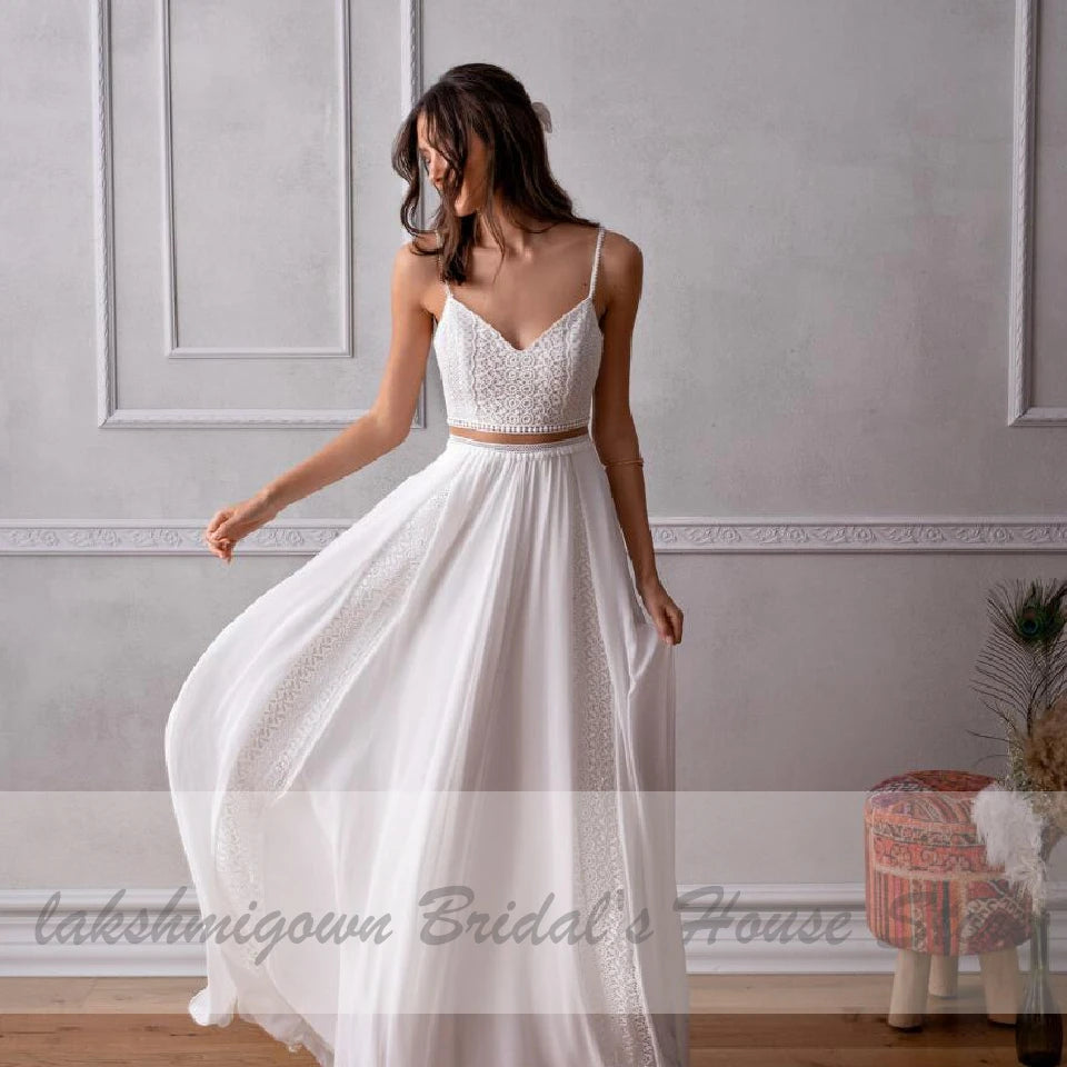 Roycebridal Vestidos Zweiteiliges Hochzeitskleid für schicke Boho-Brautempfangs-Hochzeitspartykleider Trouwjurk-Spitzen-Strandhochzeitskleider