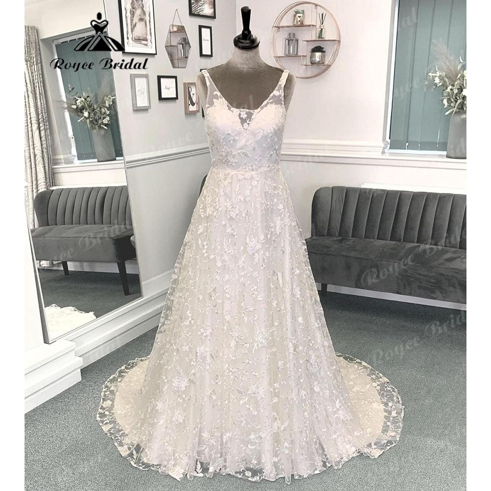 Vinatge Full Lace V Neck Open Back Wedding Dress for Women Sleeveless A Line Bridal Gown Custom Made robe de mariée Sexy