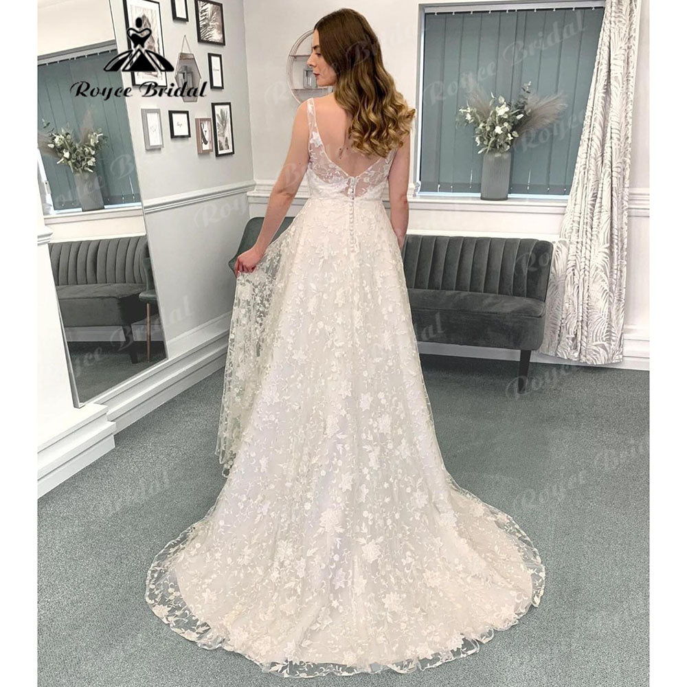 Vinatge Full Lace V Neck Open Back Wedding Dress for Women Sleeveless A Line Bridal Gown Custom Made robe de mariée Sexy