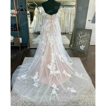 Vinatge Off Shoulder Lace Floral Blush Pink Rückenfreies Hochzeitskleid für die Braut Hochzeitskleid Nach Maß Frauen Hochzeitskleid